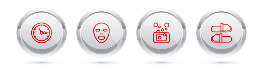 Set line Sauna clock, Facial cosmetic mask, Bar of soap and slippers. Silver circle button. Vector