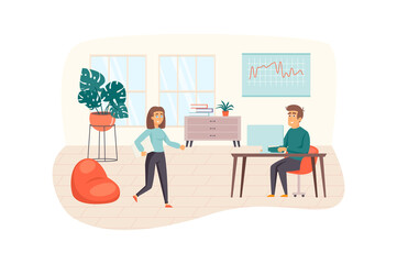 Office manager optimizes office work, colleague works on laptop scene. Management, administration, workflow, organizational matters concept. Vector illustration of people characters in flat design