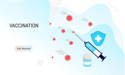 Landing page of vaccination website. Immunization campaign. Health care and protection. Isometric medical treatment. Flat vector illustration for wallpaper, banner, background, card, book illustration
