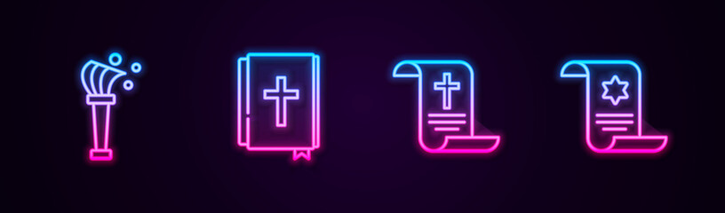 Fototapeta premium Set line Aspergillum, Holy bible book, Decree, paper, parchment, scroll and Torah. Glowing neon icon. Vector
