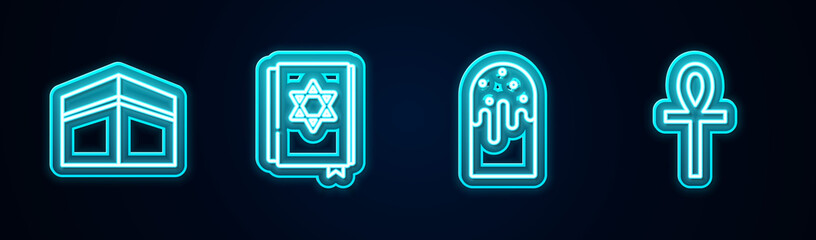 Set line Kaaba mosque, Jewish torah book, Easter cake and Cross ankh. Glowing neon icon. Vector