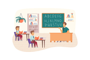 English lesson scene. Teacher explains topic, writes alphabet on blackboard. Pupils sit in classroom. Primary education, back to school concept. Vector illustration of people characters in flat design