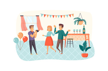 Photographer makes photo shooting at party or event scene. Happy couple posing for photography. Creative profession, best memories concept. Vector illustration of people characters in flat design