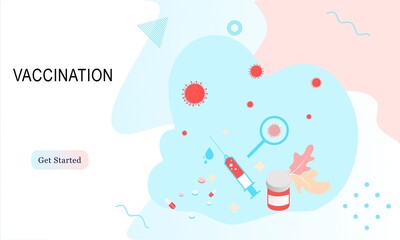 Landing page of vaccination website. Immunization campaign. Health care and protection. Isometric medical treatment. Flat vector illustration for wallpaper, banner, background, card, book illustration