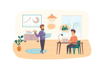 Business training scene. Employees learn to improve company financial profit, discuss strategy. Professional skills, career growth concept. Vector illustration of people characters in flat design