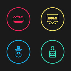 Set line Mexican man sombrero, Tequila bottle, Hola and Nachos in bowl icon. Vector © vector_v