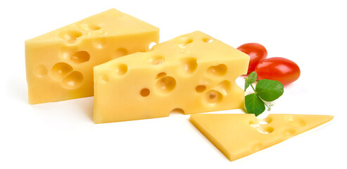 Emmental cheese triangle, Swiss cheese, isolated on white background. High resolution image