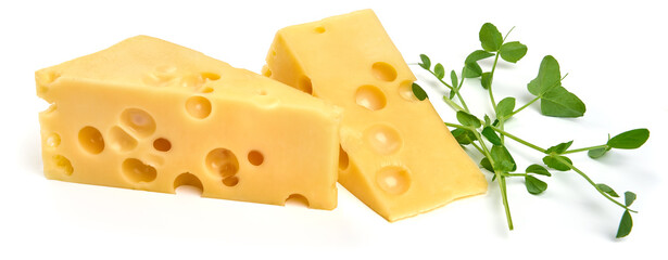 Emmental cheese triangle, Swiss cheese, isolated on white background. High resolution image