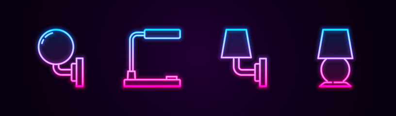 Set line Wall lamp or sconce, Table, and . Glowing neon icon. Vector