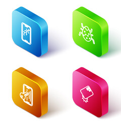 Set Isometric line Mobile with broken screen, System bug, Glass protector and Shockproof phone icon. Vector