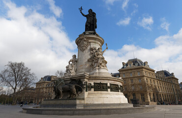 Fototapeta na wymiar View of the Republique Statue in Republic square in Paris, France .