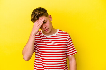 Young caucasian man isolated on yellow background touching temples and having headache.