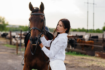 A young pretty girl rider poses near a thoroughbred stallion on a ranch. Horse riding, horse racing