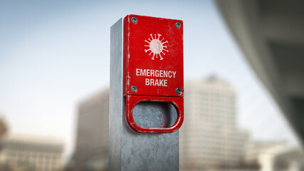 Red Emergency Brake Handle with Corona Virus in front a blurred urban background