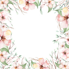 Obraz na płótnie Canvas Watercolor floral frame wreath with gold orchid, cherry blossom, cotton head, palm leaves, beige and rose color, white, pink, vivid flowers, green leaves, for wedding greeting card. fashion background