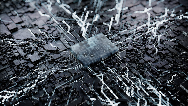 Advanced Technology Concept with Microchip. White Neon Data flows from the CPU across a Futuristic Motherboard. 3D render.