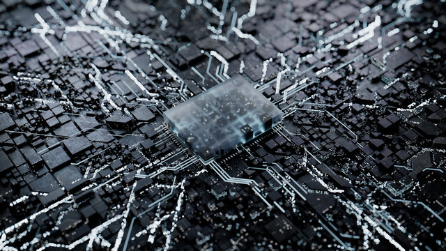 Advanced Technology Concept with Microchip. White Neon Data flows from the CPU across a Futuristic Motherboard. 3D render.