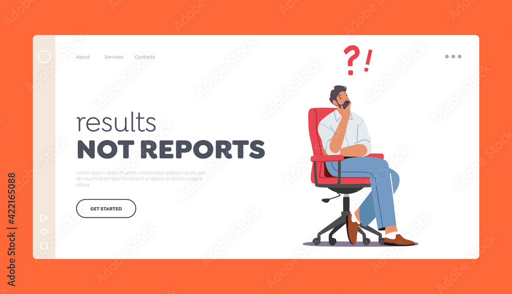 Poster businessman searching solution or decision for difficult task landing page template. thoughtful man 