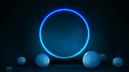 Empty dark and blue abstract scene with spheres on floor and neon blue shiny ring. 3d render illustration with blue abstract scene with neon ring