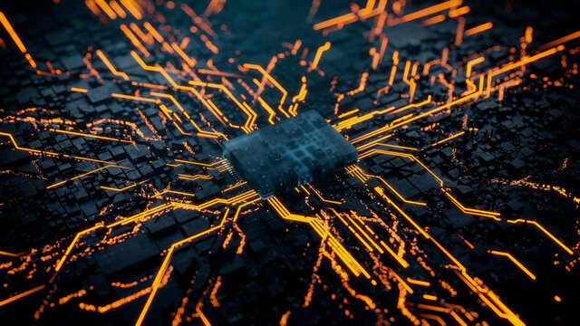 Advanced Technology Concept with Microchip. Orange Neon Data flows from the CPU across a Futuristic Motherboard. 3D render.