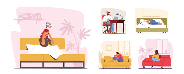 Set of Male and Character Depression and Migraine. Depressed People with Bewildered Thoughts in Mind and Headache