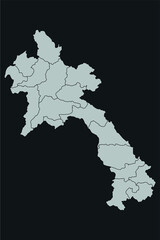 Contour vector map of Laos with the designation of the administrative borders of the regions on a dark background.