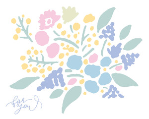 Fototapeta na wymiar 花束いっぱいのメッセージ、メッセージカード、贈り物、花のイラスト　Bouquet full of messages, message cards, gifts, flower illustrations