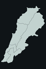 Contour vector map of Lebanon with the designation of the administrative borders of the regions on a dark background.