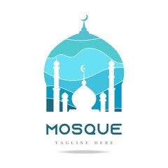 Blue Mosque palace Logo icon arab islamic vector.Sign ramadan Quran silhouette muslim tower architecture dome.Arabian agency real estate.Template Vector Emblem desert wavy lines background in dome