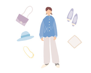 おしゃれな女性の人物イラスト　コーディーネートする服、雑貨　Fashionable female figure illustrations Coordinating clothes and miscellaneous goods