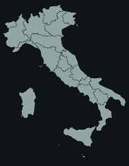 Contour vector map of Italy with the designation of the administrative borders of the regions on a dark background.
