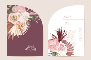 Boho orchid, pampas grass, protea card template. Modern minimal Art Deco wedding vector Invitation set
