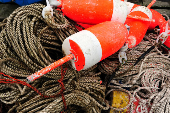 Lobster floats and rope used in the lobster fishing trade on a working Maine Dock