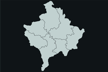 Contour vector map of Kosovo with the designation of the administrative borders of the regions on a dark background.