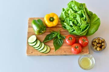 Fresh Mediterranean diet ingredients for making salads and healthy meals for heart healthy lifestyle. Photo concept, food background, copy space, close-up, vegetarian