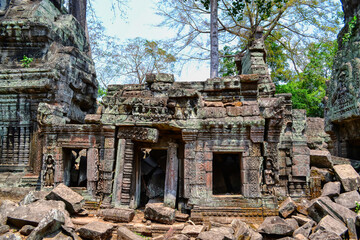 Ta Prohm Temple, near to Siem Reap, Cambodia. One of the most monumental temples on the territory of the Hindu complex Angkor in Cambodia. Located in thick jungle in a dilapidated condition. Roots