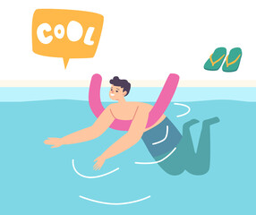 Little Boy Learning to Swim Floating on Bar in Swimming Pool or Sea. Child Male Character Sports Activity, Recreation