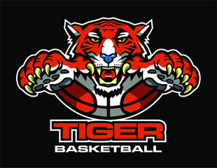 Fototapeta premium tiger basketball team design with mascot and ball for school, college or league