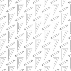 Back to school simple background. Seamless pattern with rulers and pencils. Black outline drawing on white background. Digital paper for scrapbooking, card decoration, congratulations, stationery.