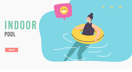 Summer Water Recreation Landing Page Template. Little Girl Learning to Swim on Inflatable Ring in Swimming Pool or Sea