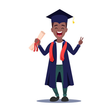 Graduate Afro-American boy smiling and wearing a black academic robe while holding a diploma certificate. Graduation online. Flat editable vector illustration, character design concept