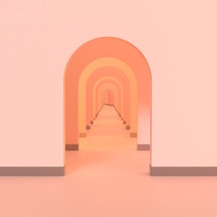 3d rendering of abstract geometric pastel walkway, pastel pink color background. Minimal concept for commercial advertising, poster with copy space.