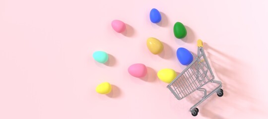 Happy Easter background. Easter eggs colorful in the shopping cart on pastel pink background. Festive concept. Copy space for Text. 3d rendering