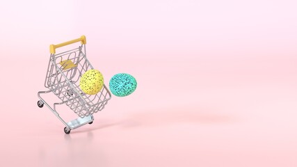 Happy Easter background. Easter eggs colorful in the shopping cart on pastel pink background. Festive concept. Copy space for Text. 3d rendering
