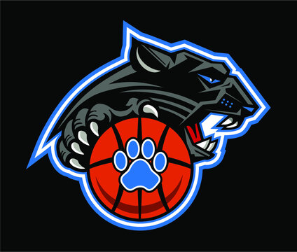 panthers basketball team mascot with ball for school, college or league