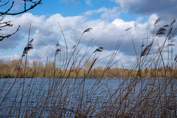 The lake at Rickmansworth aquadrome in Hertfordshire UK, photographed on a partially sunny spring day.
