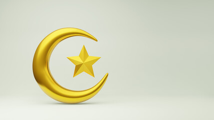 Crescent moon and stars golden Islamic symbol 3D renderingCrescent moon and stars golden Islamic symbol 3D rendering