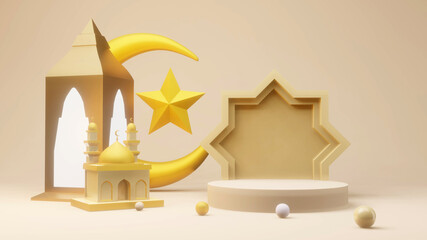 Crescent moon and stars golden with Mosque Islamic symbol 3D rendering
