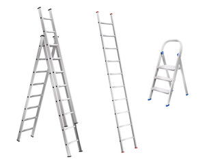 Realistic metal ladders. Set of step ladder and stair cases for household on white background - obrazy, fototapety, plakaty