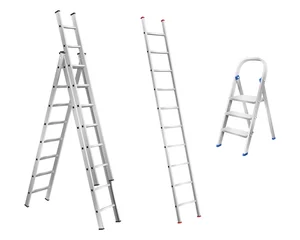 Deurstickers Realistic metal ladders. Set of step ladder and stair cases for household on white background © Iryna Petrenko
